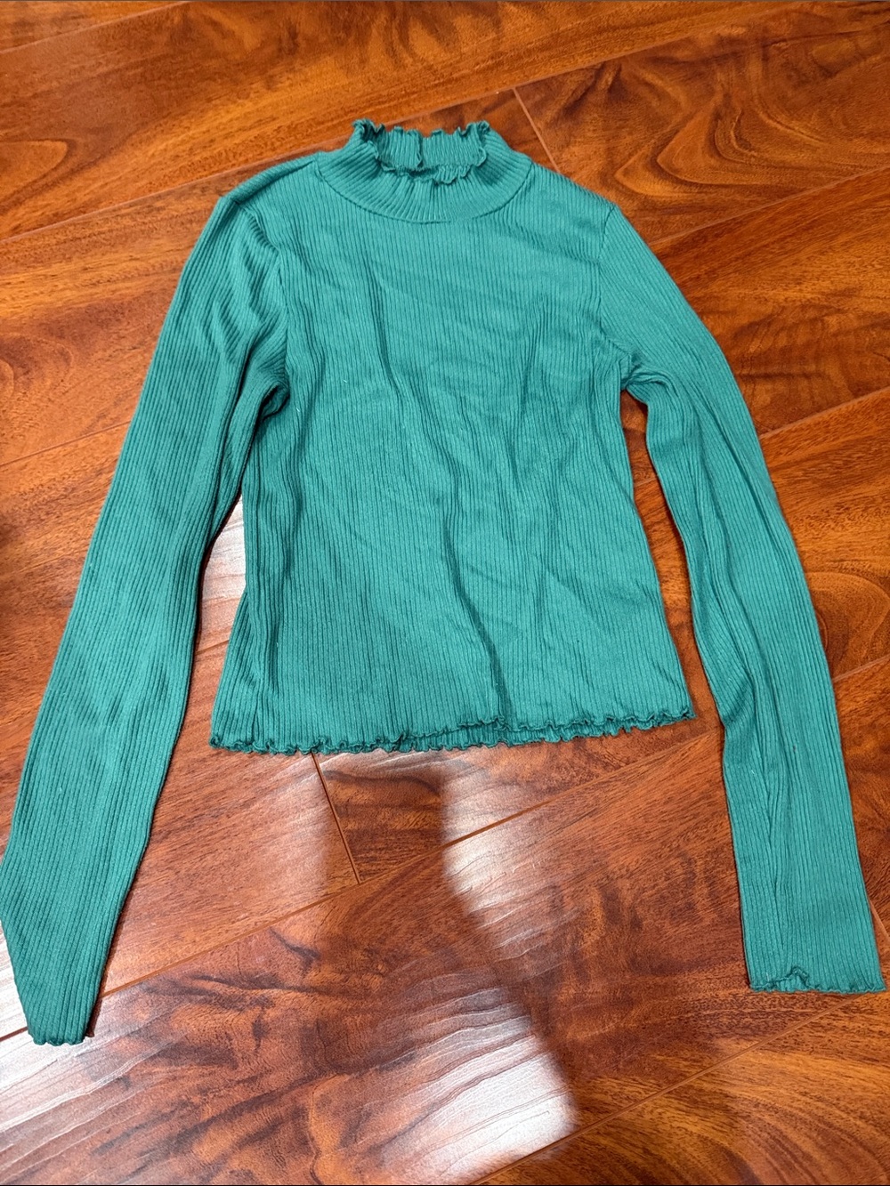 American Eagle Outfitters Teal Ribbed Lettuce-Edge Mock Neck Long Sleeve Top